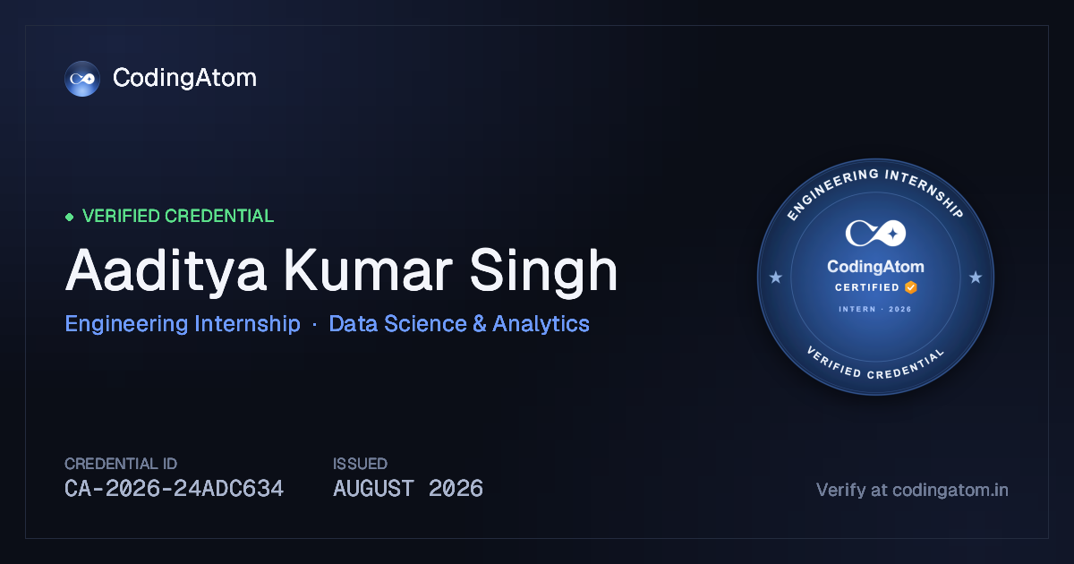 Credential card for Aaditya Kumar Singh — Engineering Internship — Data Science & Analytics