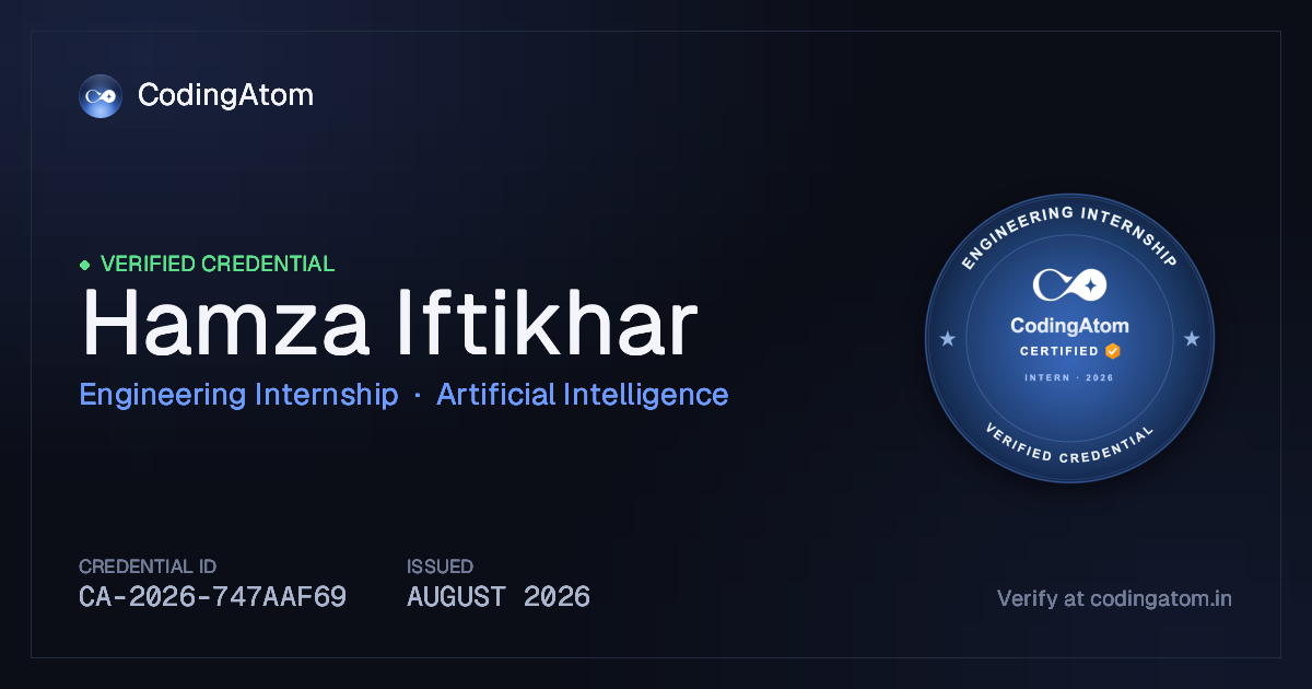 Credential card for Hamza Iftikhar — Engineering Internship — Artificial Intelligence