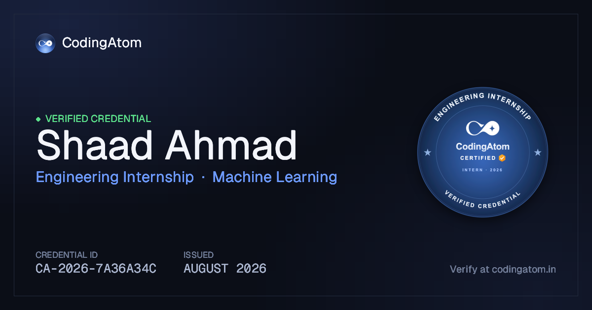 Credential card for Shaad Ahmad — Engineering Internship — Machine Learning