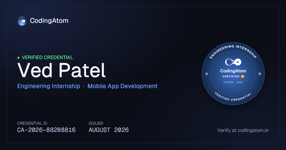 Credential card for Ved Patel — Engineering Internship — Mobile App Development