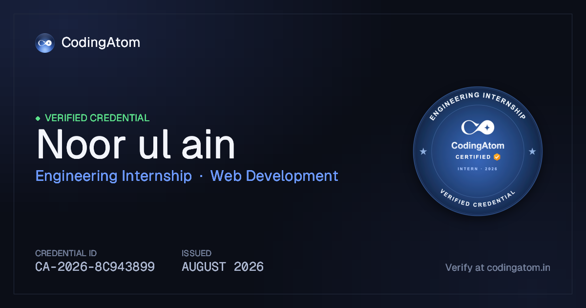 Credential card for Noor ul ain — Engineering Internship — Web Development
