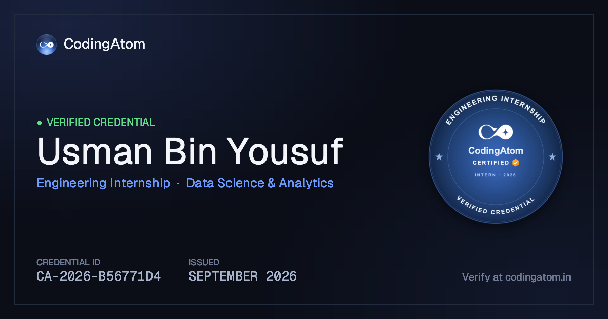 Credential card for Usman Bin Yousuf — Engineering Internship — Data Science & Analytics