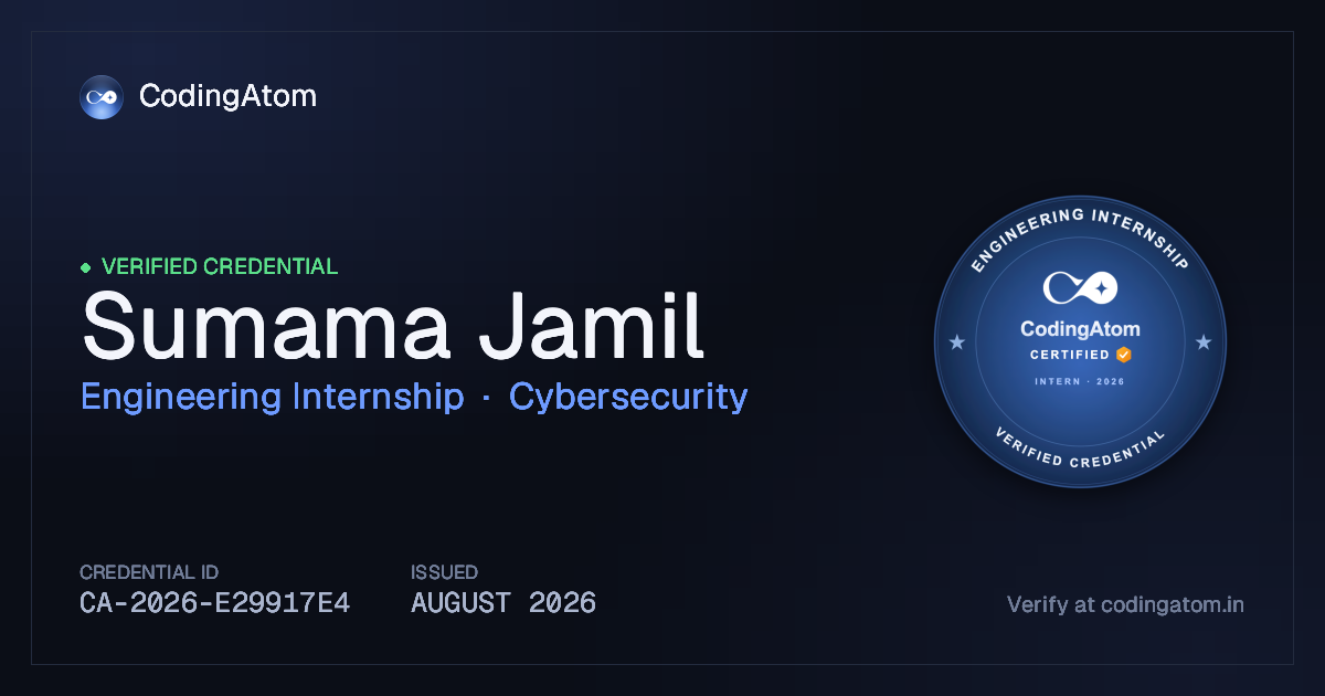 Credential card for Sumama Jamil — Engineering Internship — Cybersecurity