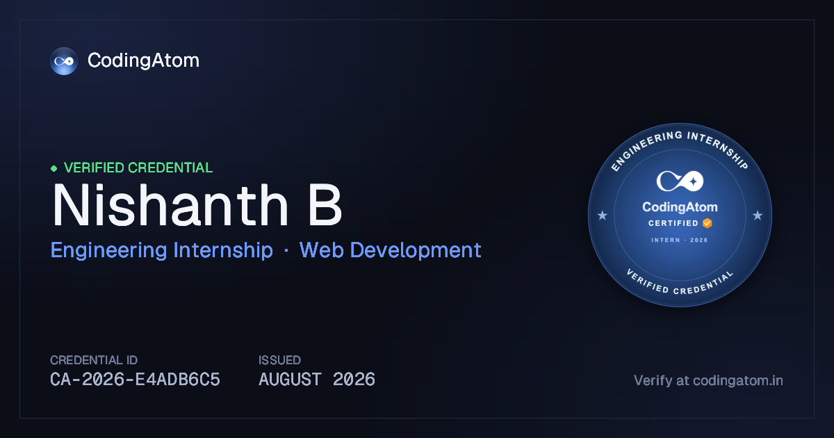 Credential card for Nishanth B — Engineering Internship — Web Development