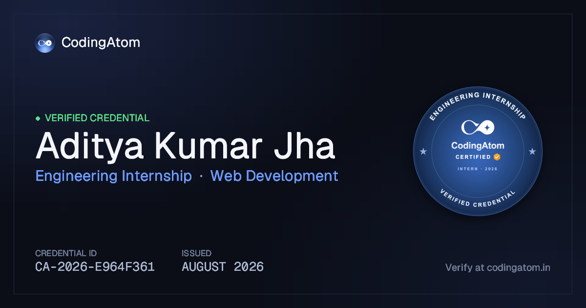Credential card for Aditya Kumar Jha — Engineering Internship — Web Development