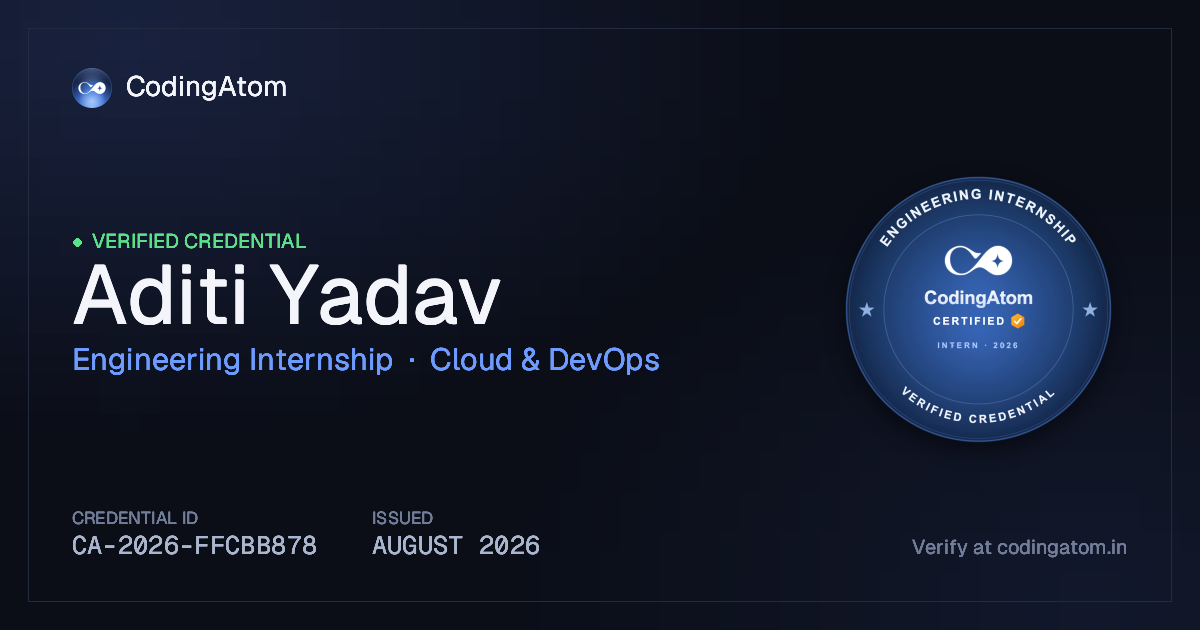 Credential card for Aditi Yadav — Engineering Internship — Cloud & DevOps